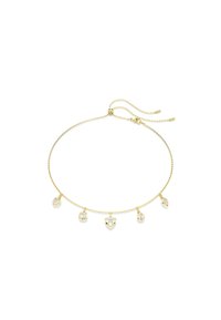 Guld kæde choker med fem hængende accenter, herunder to klare dråbeformede og en hjerteformet krystal. Delikat kædetekstur.