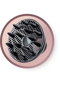 Svart hårfønerdiffusor med sirkulær form, gitterdesign og flere avlang prong for jevn luftstrøm. Glatt overflate, detaljert merkevare.