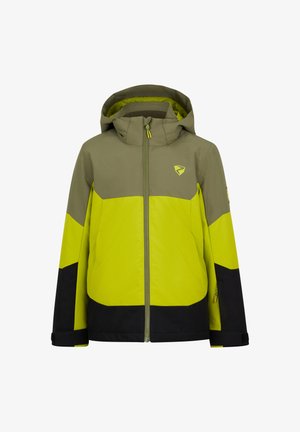 Ski jacket featuring a color-block design in olive green, bright yellow, and black. Waterproof material, zip front, and adjustable hood.
