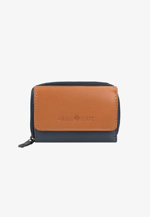 Compact wallet in blauw en tan leer, voorzien van een ritsluiting, een geëmbosseerd logo en contrasterende stiksels langs de randen.