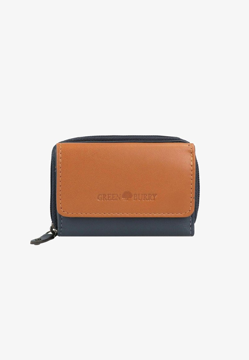 Compact wallet in blauw en tan leer, voorzien van een ritsluiting, een geëmbosseerd logo en contrasterende stiksels langs de randen.