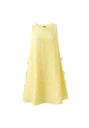 Robe jaune sans manches en ligne A avec pois blancs et liens sur les côtés, fabriquée en tissu texturé.