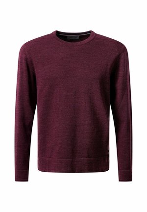 Burgunderfarbener Pullover mit rundem Ausschnitt, langen Ärmeln und strukturiertem Strickmuster. Mit einem Saum, der auf Hüfthöhe endet.