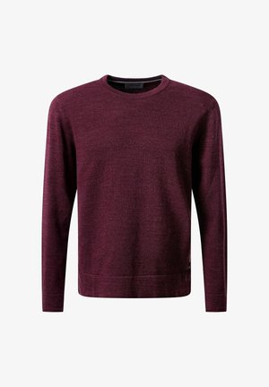 Burgunderfarbener Pullover mit rundem Ausschnitt, langen Ärmeln und strukturiertem Strickmuster. Mit einem Saum, der auf Hüfthöhe endet.