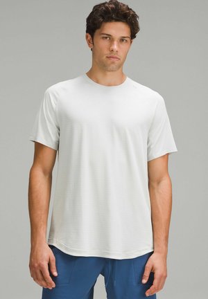 Light gray short-sleeve athletic t-shirt with a rounded neckline, made from smooth fabric, featuring subtle texture and a relaxed fit.