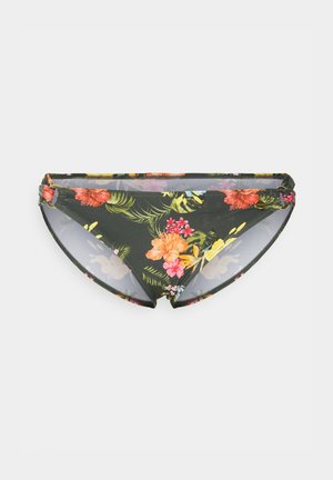 Parte de baixo de biquíni floral em tecido verde escuro, apresentando um padrão de flores multicoloridas, com cintura elástica e franzidos laterais.