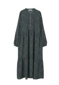 Longue robe fleurie vert foncé avec manches longues, patte de boutonnage devant, taille froncée et jupe à volants.