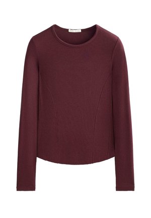 Bluza cu mânecă lungă, ajustată, din tricot cu model în dungi, de culoare burgundă închisă, cu guler rotund și detalii subtile de cusătură pe față și pe laterale.