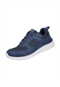 Zapatilla deportiva azul marino con parte superior de malla y sintética, que presenta una puntera redondeada, suela blanca acolchada y un sistema de cordones prominente.