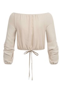 Top corto beige a spalle scoperte con lunghe maniche a sbuffo, orlo elastico e dettaglio con fiocco in fondo per una vestibilità regolabile. Tessuto con texture.