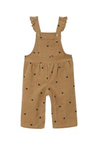 Braune Corduroy-Latzhose mit einer Tasche, Rüschenträgern und schwarzen Herzmustern. Lockere Passform mit weitem Bein.