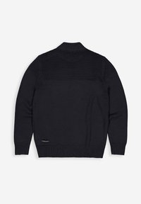 Donkerblauwe gebreide trui met ribbels aan de mouwen en kraag, met een gestructureerd bovenrugpaneel, plat van achteren weergegeven.