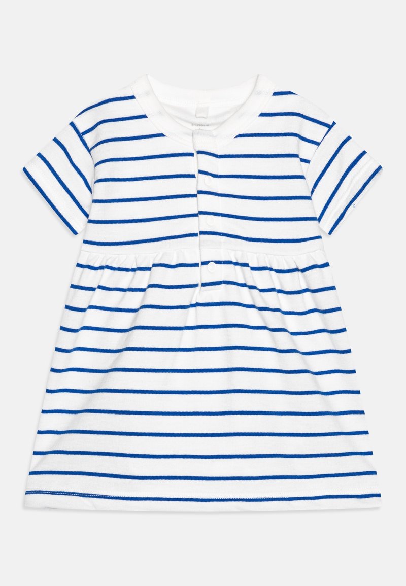Vit kortärmad babyklänning med blå horisontella ränder, rund halsringning, rynkad midja och knappstängning fram.