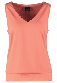 Blouse corail sans manches à col en V avec ourlet double couche, en tissu léger, taille petite, étiquette de marque visible à l'intérieur de l'encolure.