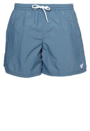 Bañador corto azul con cordón blanco y pequeño logotipo blanco en la parte inferior derecha de la pierna.