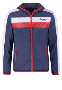 Námořnická větrovka s červeno-bílými vodorovnými pruhy, předním zipem a kapucí. Obsahuje boční kapsy na zip a texturovanou látku.