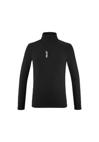 Schwarzer Fleece-Pullover mit Viertelreißverschluss und langen Ärmeln, ausgestattet mit einem hohen Kragen und einem weißen Logo auf der linken Brust. Weiche Textur, schlankes Design.