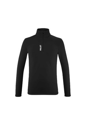 Pull en polaire noir à zip quart avec manches longues, doté d'un col haut et d'un logo blanc sur la poitrine gauche. Texture douce, design épuré.