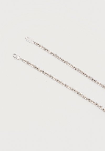 Silver-colored metal chain necklace with interlocking circular links and lobster clasp fastener on a light gray background.