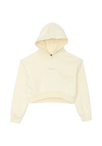 Hoodie cropped color crema chiaro, realizzata in tessuto morbido. Presenta un cappuccio con cordino e un piccolo logo ricamato blu sul davanti.