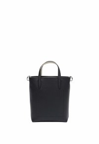 Sac fourre-tout en cuir noir avec finition texturée, doté de deux poignées supérieures et d'un design minimaliste. Comprend une poche extérieure à soufflet.