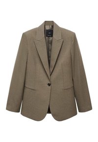 Hnědý kabát s houndstooth vzorem, velkými klopami, zapínáním na jeden knoflík, dvěma předními kapsami a hladkou podšívkou.