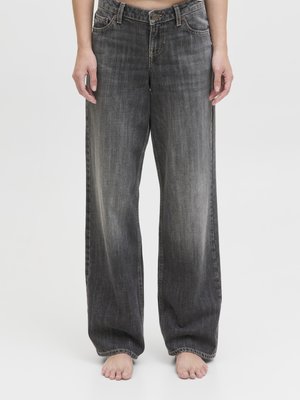 High-waisted, wide-leg jeans in dark grey denim, featuring a faded finish, subtle whiskering, and five-pocket design with metal hardware.