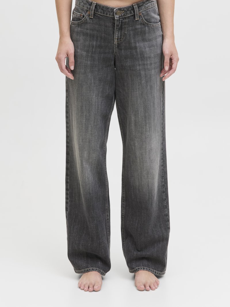Høy midje, vide jeans i mørkegrå denim, med en falmet finish, subtile slitasjer og fem-lomme design med metallhardware.