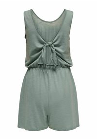Groene stoffen rompert met een ronde halslijn, mouwloos design en een strik-detail aan de achterkant. Met een elastische tailleband en korte lengte.