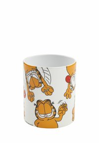Mug in ceramica bianca con illustrazioni del personaggio arancione Garfield, che mostra varie espressioni e gesti, con una finitura lucida.
