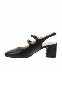 Zapato de tacón alto negro de cuero con punta afilada, dos correas recortadas y un tacón robusto para mayor estabilidad. Textura suave.