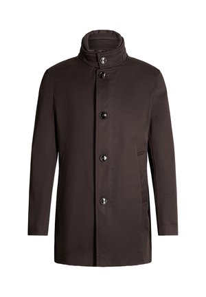 Cappotto impermeabile marrone con colletto alto, chiusura a cinque bottoni, due tasche laterali e texture liscia. Design minimalista senza motivi.