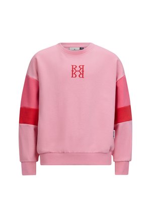 Felpa rosa con accenti rossi e logo. Presenta un collo tondo, maniche lunghe e polsini a costine. Realizzata in un morbido tessuto testurizzato.