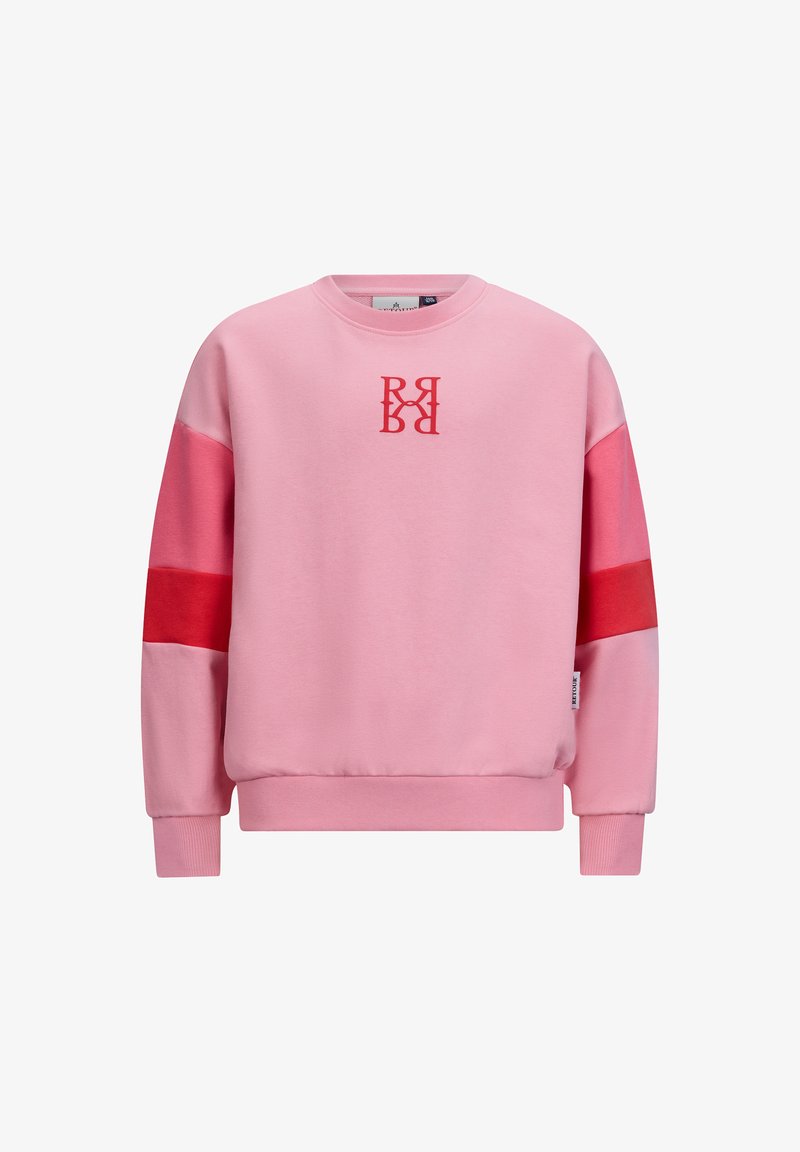 Felpa rosa con accenti rossi e logo. Presenta un collo tondo, maniche lunghe e polsini a costine. Realizzata in un morbido tessuto testurizzato.