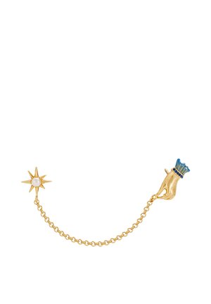 Gold chain connecting two pins, one shaped like a hand with a blue cuff, the other a star with a central pearl.
