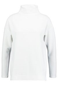Maglione bianco a collo alto, con una texture, maniche lunghe e una vestibilità ampia. Il tessuto presenta un aspetto patrimoniale e intrecciato in tutto il capo.