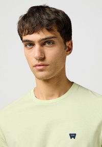 Ljusgrön t-shirt i mjuk bomull; har en rund halsringning och en liten blå logopatch på vänster bröst. Slät yta.