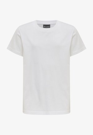 Biała bawełniana koszulka z okrągłym dekoltem, krótkimi rękawami i miękką fakturą. Posiada małą metkę z logo marki wewnątrz kołnierza.