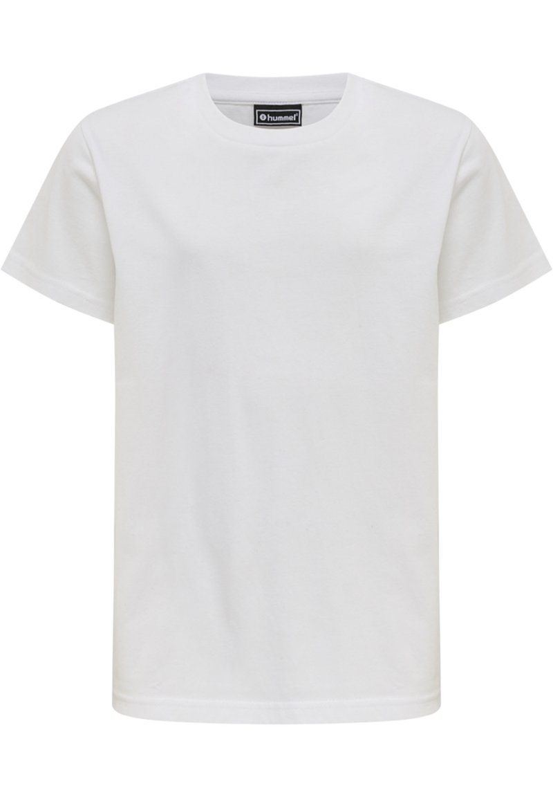 Hvid bomulds T-shirt med rund hals, korte ærmer og en blød tekstur. Funktioner et lille brandmærke på den indvendige krave.