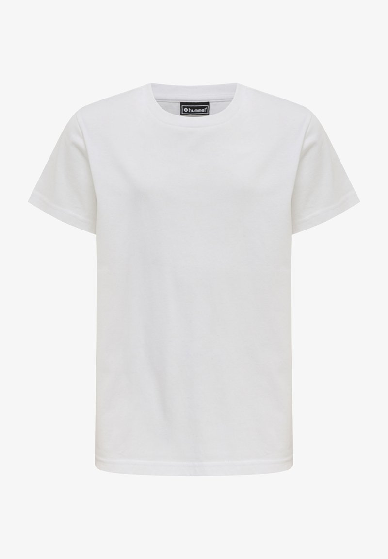 Witte katoenen T-shirt met ronde hals, korte mouwen en een zachte textuur. Heeft een klein merklabel aan de binnenkant van de kraag.