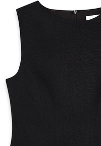 Juodas be rankovių suknelė su struktūrizuotu dizainu, tekstūruota medžiaga ir diskretišku užtrauktuku gale.