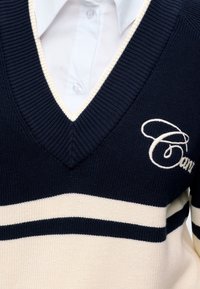 Pull en maille bleu marine et blanc à col en V porté sur une chemise blanche boutonnée, avec des lettres cursives brodées sur la poitrine.