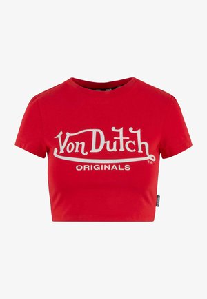 T-shirt rossa cropped in cotone, con una grande grafica bianca "Von Dutch ORIGINALS" sulla parte anteriore e un collo rotondo.