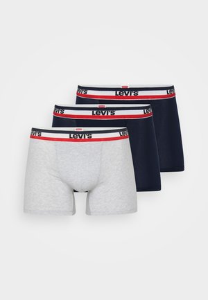 Drei Paar Levi's Boxershorts: eine graue mit meliertem Muster und zwei einfarbige in Marineblau. Mit elastischem Taillenbund mit Logo und farbigen Streifen.