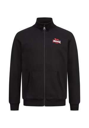 Svart zip-up sweatshirt med ribbad krage och ärmslut, med en röd Lonsdale-logotyp på vänster bröst och två framfickor.