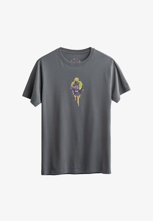 Grijze katoen t-shirt met korte mouwen, een ronde halslijn en een centraal kleurrijk grafisch ontwerp met spetters van geel en groen.