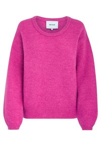 Fuksjowy sweter wełniany z okrągłym dekoltem, długimi bufiastymi rękawami i prążkowanymi mankietami. Prosty design z miękkim, teksturowanym wykończeniem.