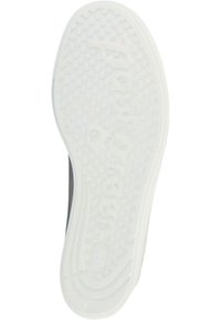 Weiße Gummisohle mit strukturiertem Grip-Muster und im Material geprägtem Markenlogo; abgerundete Kanten und Design mit rundem Absatz.