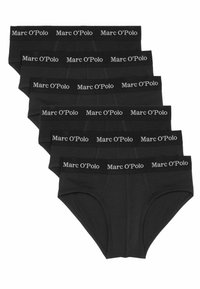 Schwarze Baumwollslips im Sechserpack, mit einem breiten Bund, auf dem das "Marc O'Polo"-Logo in Weiß gedruckt ist. Glatte Textur, traditionelles Design.