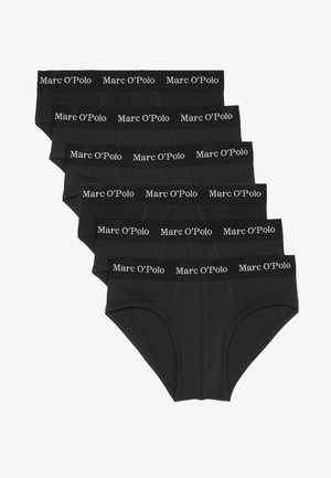 Sorte bomuldsunderbukser i en pakke med seks, med en bred elastik i taljen og "Marc O'Polo" logo trykt i hvidt. Glat tekstur, traditionelt design.